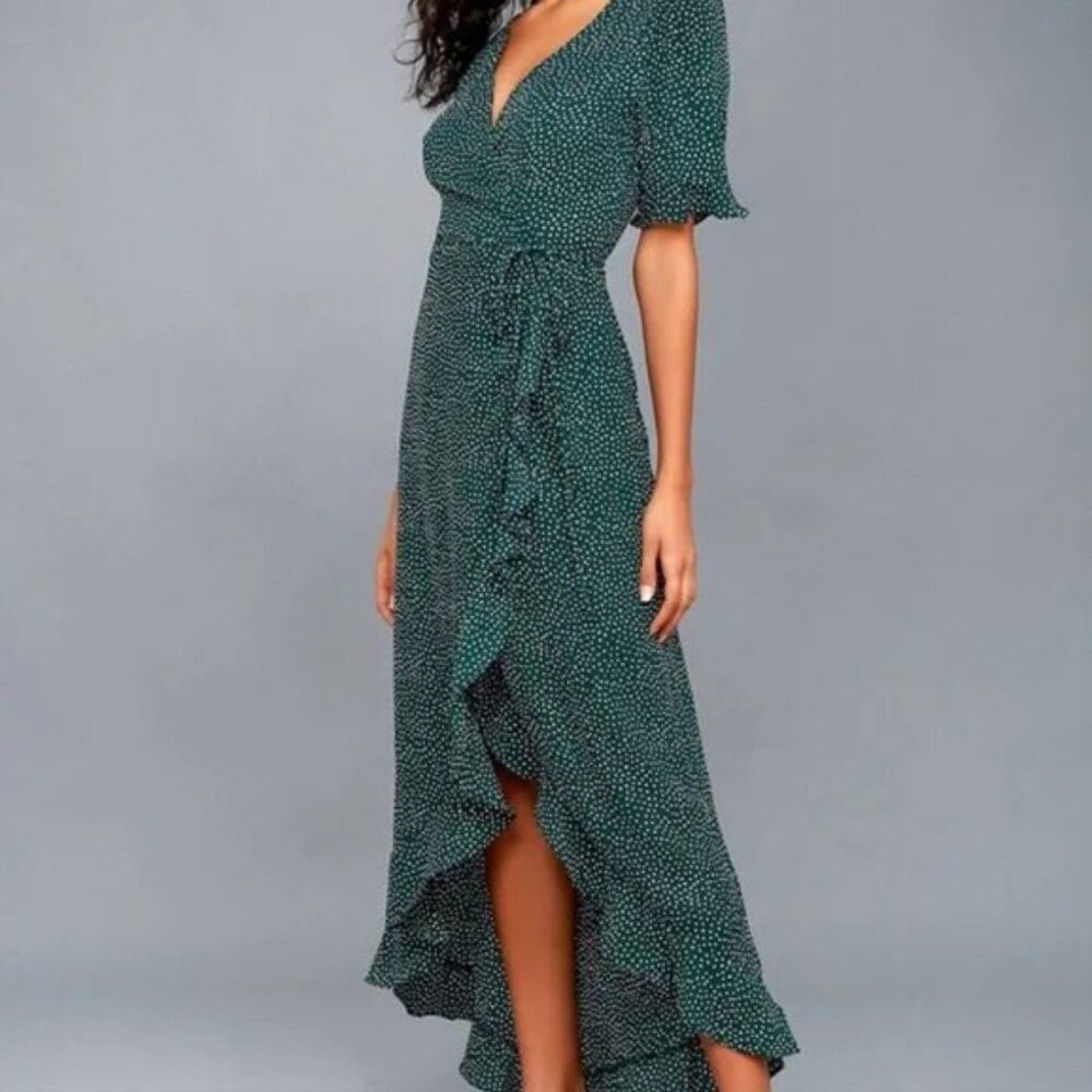 NWT Lulus Mystified Forest Green Polka Dot High-Low Wrap Dress Sz XS